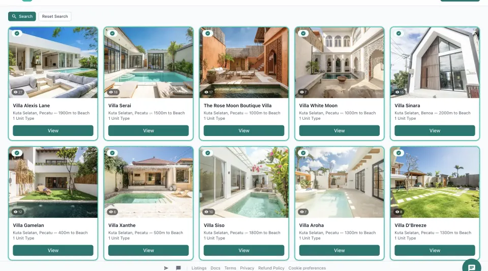 Hunico listings grid with verified villas