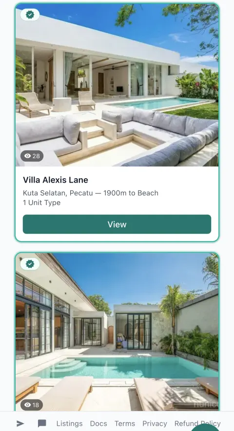 Hunico listings on a mobile phone